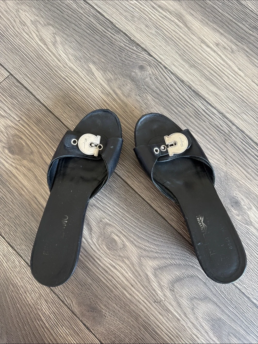 Salvatore Ferragamo Black Leather Gancini Platform Slide Sandals 9.5B